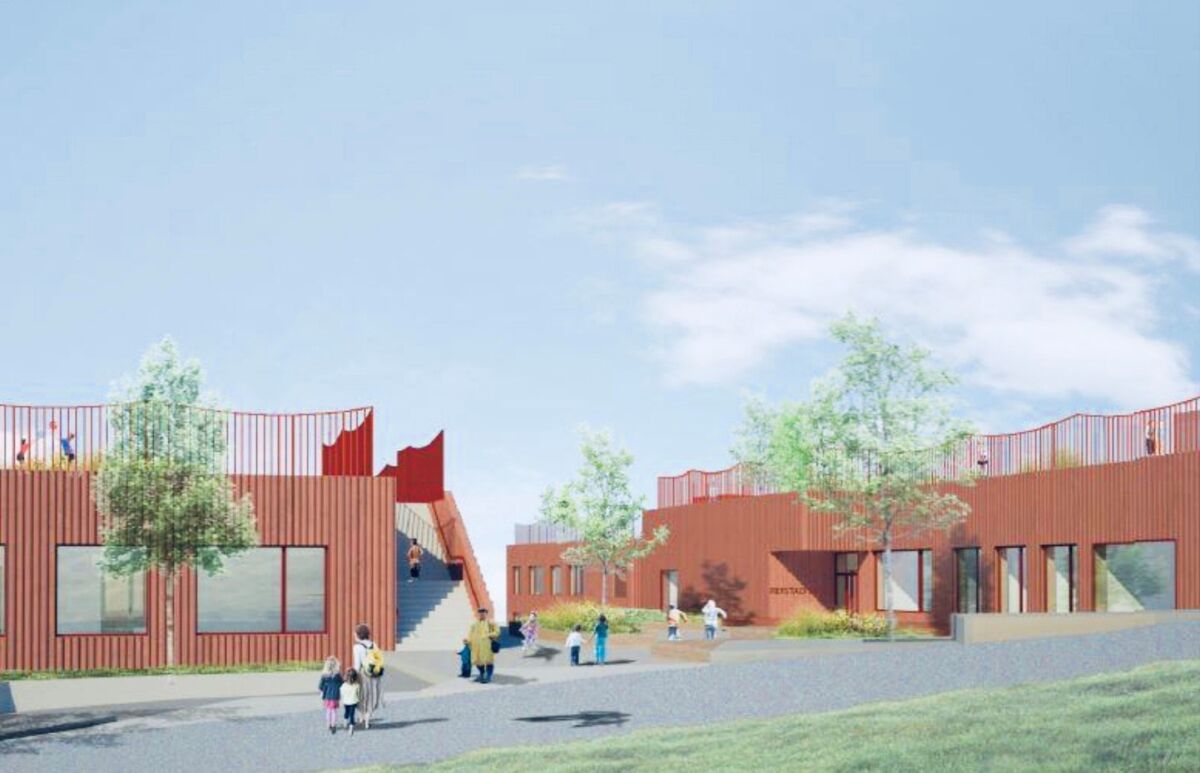 Rendering som viser skolebygg eksteriørt, grøntområder og barn i lek. Foto av rendering.