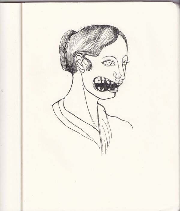 Tegning av en person som gaper høyt. Tegning.