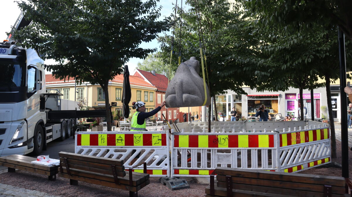 En kamel av en skulptur løftes ned på et torg. Det er satt opp gjerder rundt.